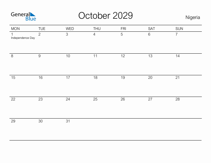 Printable October 2029 Calendar for Nigeria