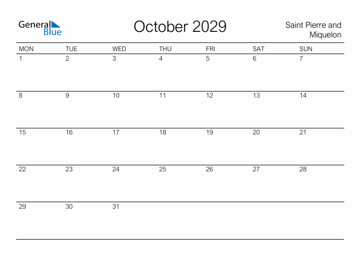 Printable October 2029 Calendar for Saint Pierre and Miquelon