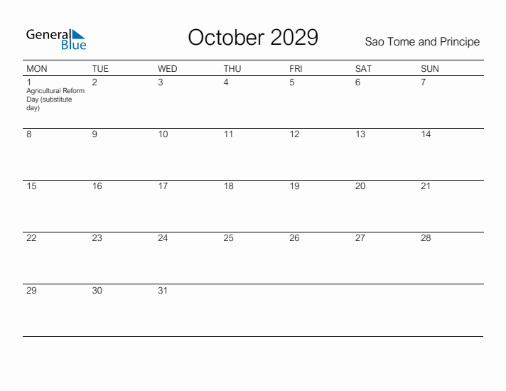Printable October 2029 Calendar for Sao Tome and Principe