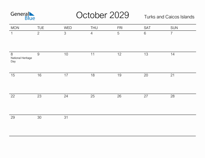 Printable October 2029 Calendar for Turks and Caicos Islands