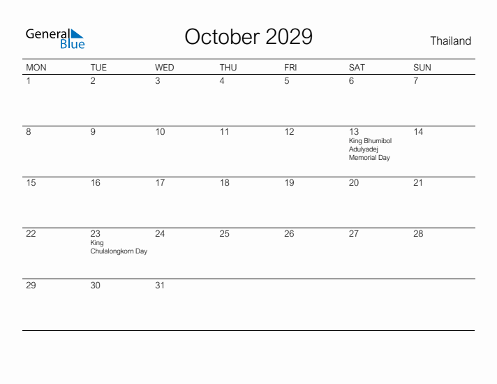 Printable October 2029 Calendar for Thailand