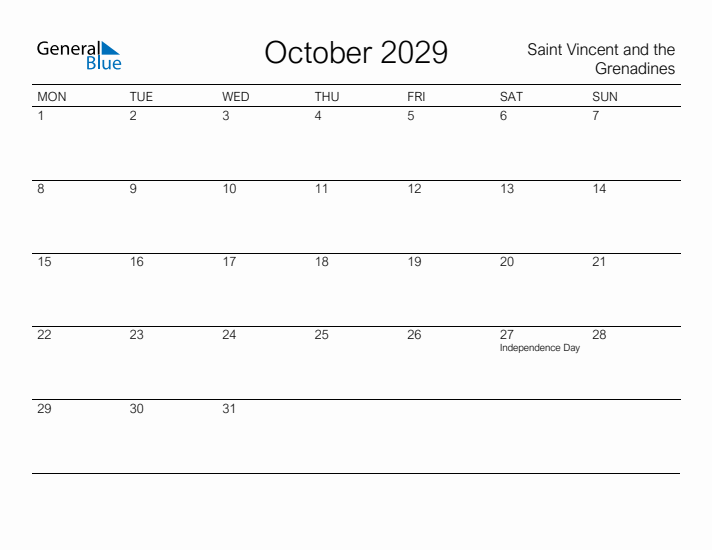 Printable October 2029 Calendar for Saint Vincent and the Grenadines