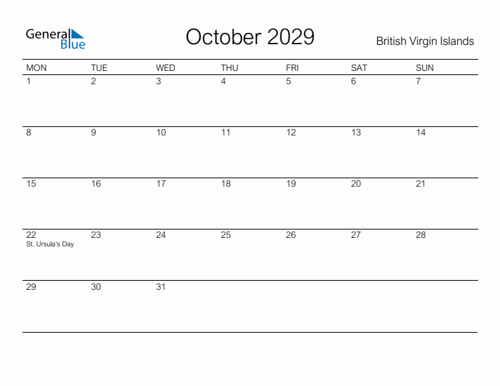 Printable October 2029 Calendar for British Virgin Islands