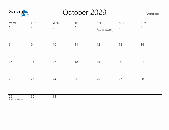 Printable October 2029 Calendar for Vanuatu