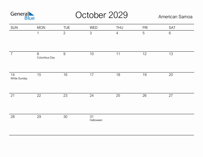 Printable October 2029 Calendar for American Samoa