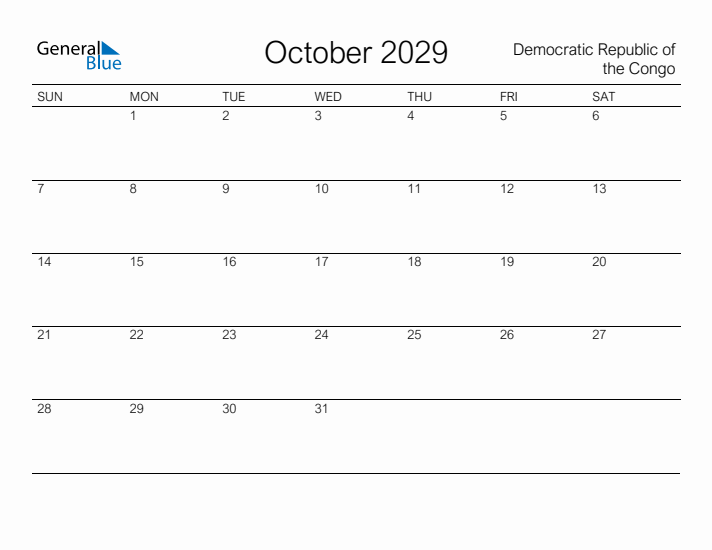 Printable October 2029 Calendar for Democratic Republic of the Congo