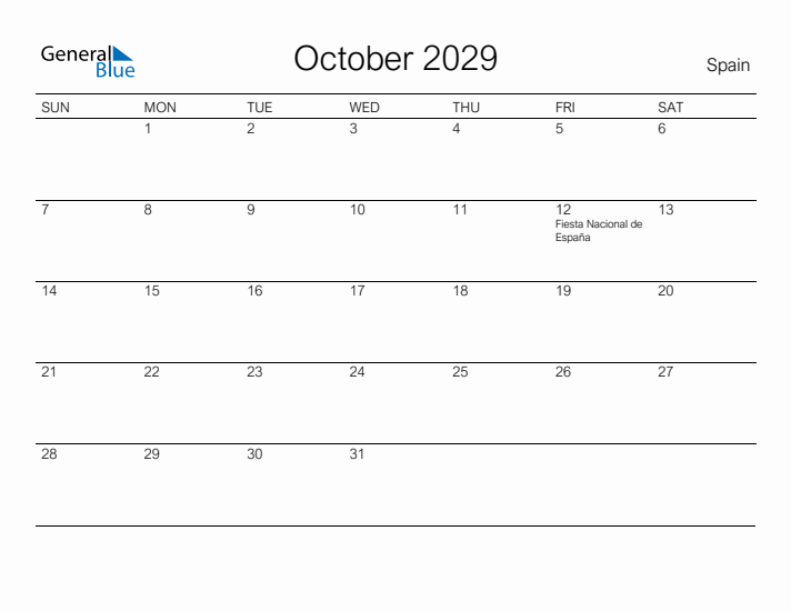 Printable October 2029 Calendar for Spain