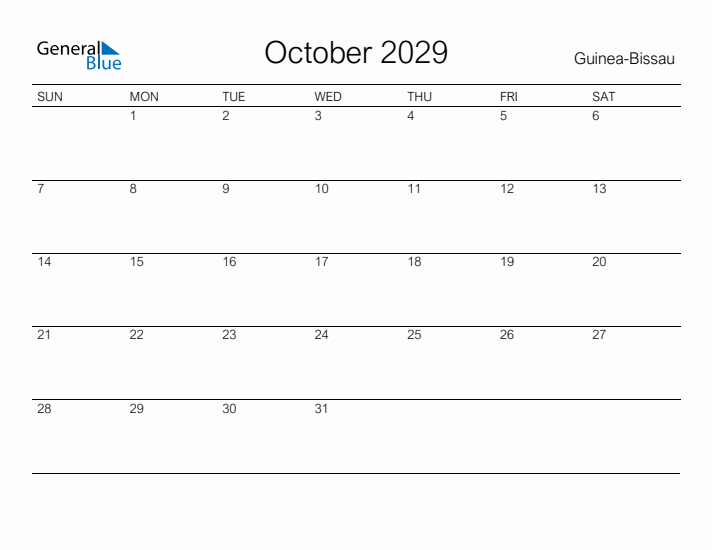 Printable October 2029 Calendar for Guinea-Bissau