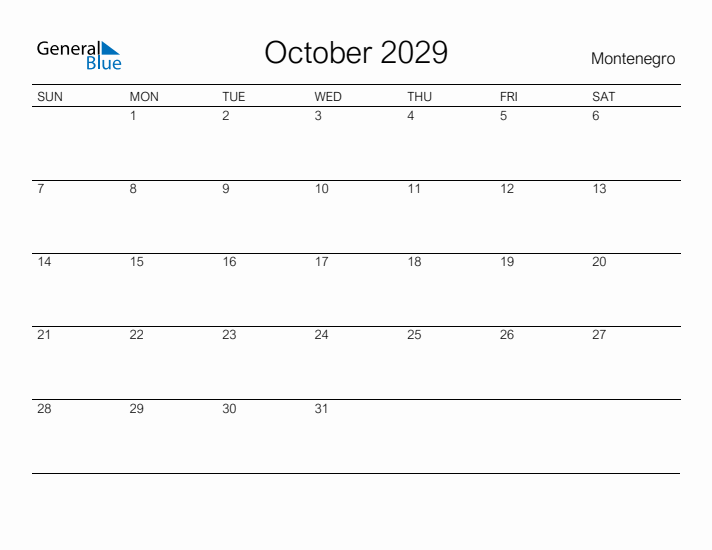 Printable October 2029 Calendar for Montenegro