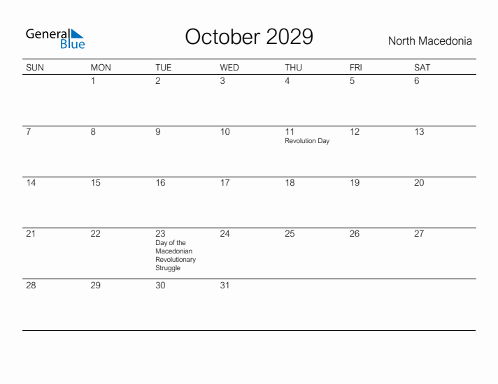 Printable October 2029 Calendar for North Macedonia