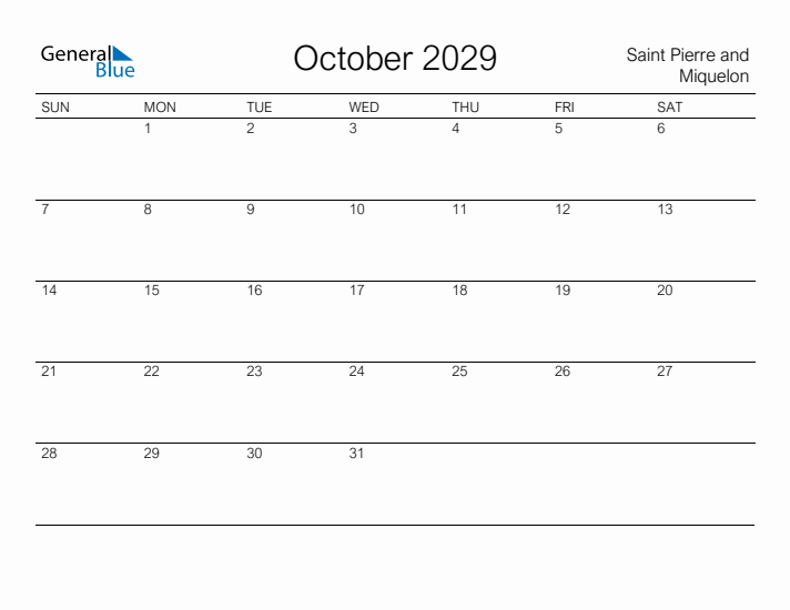 Printable October 2029 Calendar for Saint Pierre and Miquelon