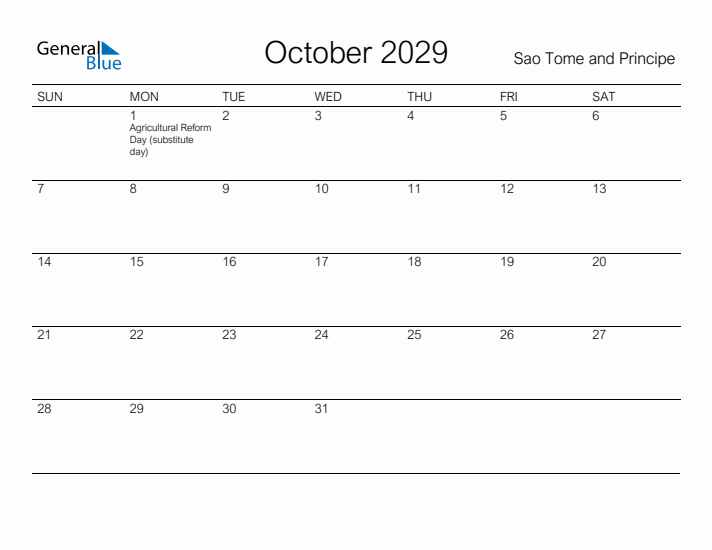 Printable October 2029 Calendar for Sao Tome and Principe