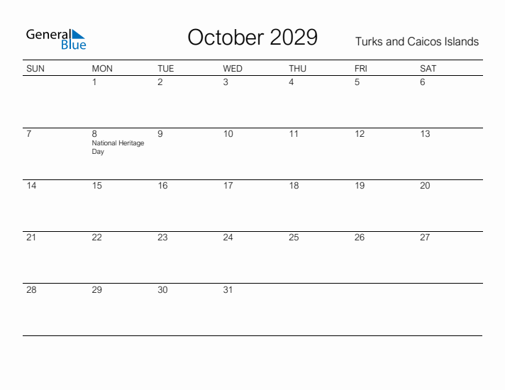 Printable October 2029 Calendar for Turks and Caicos Islands