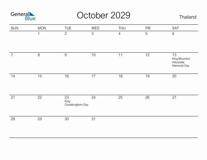 Printable October 2029 Calendar for Thailand