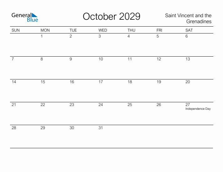 Printable October 2029 Calendar for Saint Vincent and the Grenadines