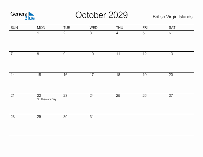 Printable October 2029 Calendar for British Virgin Islands