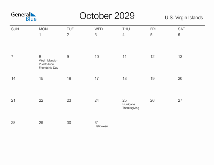 Printable October 2029 Calendar for U.S. Virgin Islands