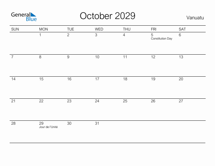 Printable October 2029 Calendar for Vanuatu