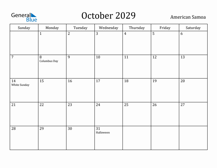 October 2029 Calendar American Samoa