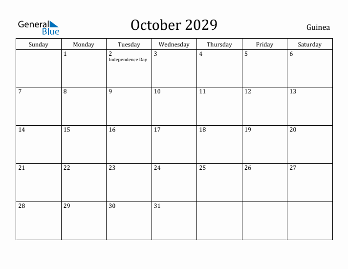 October 2029 Calendar Guinea