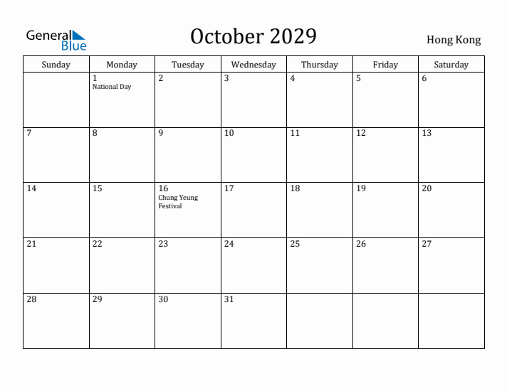 October 2029 Calendar Hong Kong