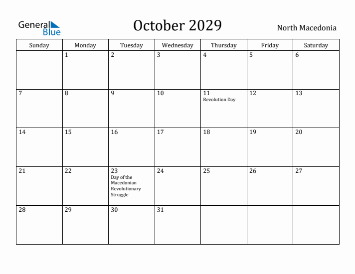 October 2029 Calendar North Macedonia