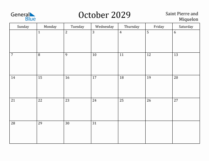 October 2029 Calendar Saint Pierre and Miquelon