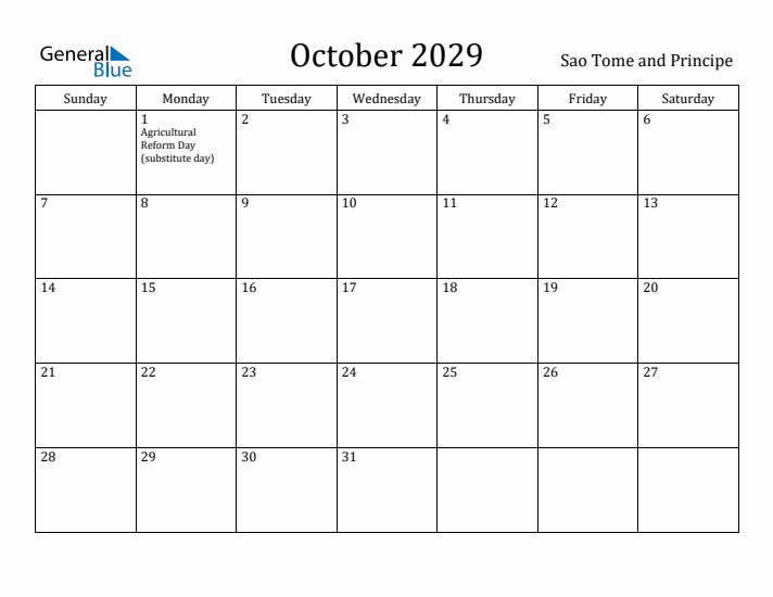 October 2029 Calendar Sao Tome and Principe