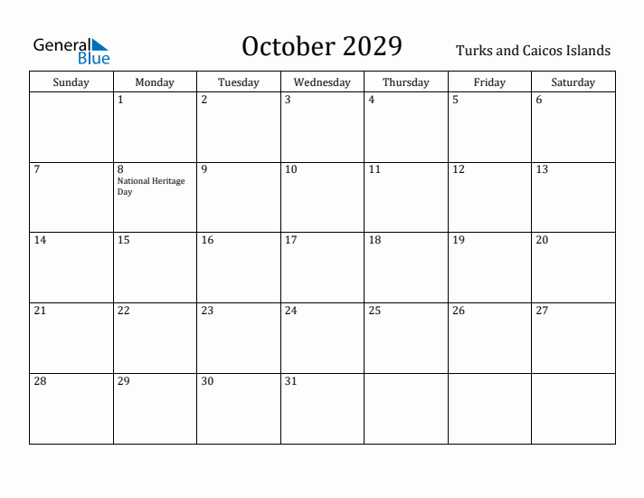 October 2029 Calendar Turks and Caicos Islands