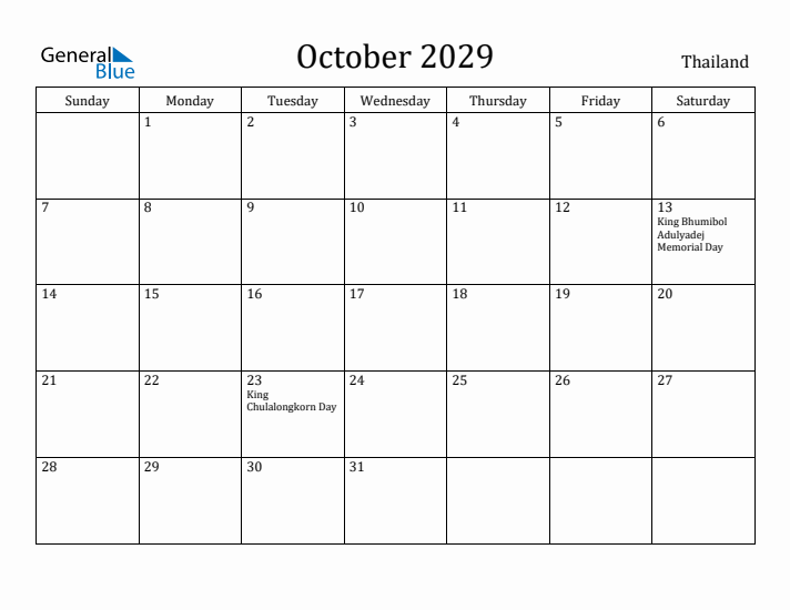 October 2029 Calendar Thailand