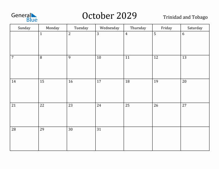 October 2029 Calendar Trinidad and Tobago