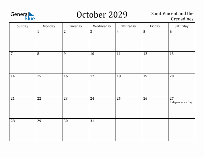 October 2029 Calendar Saint Vincent and the Grenadines