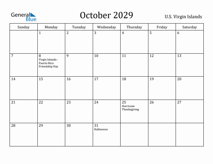 October 2029 Calendar U.S. Virgin Islands