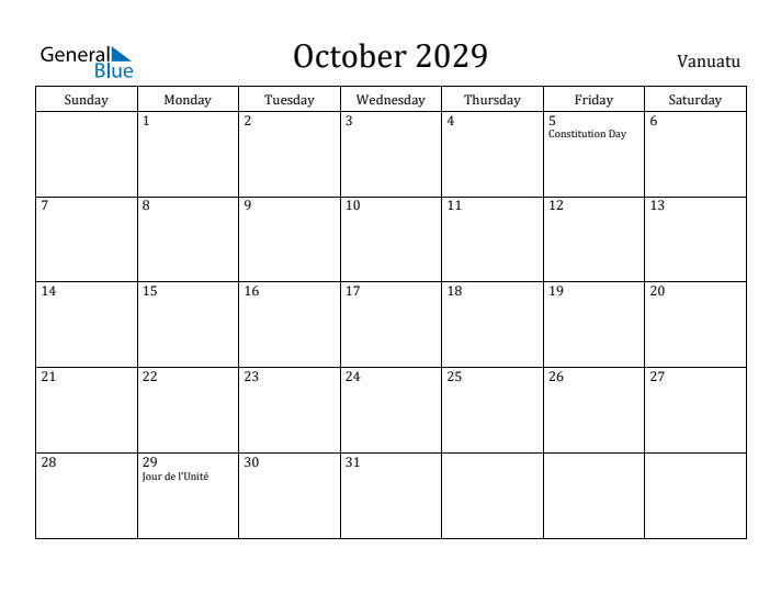October 2029 Calendar Vanuatu