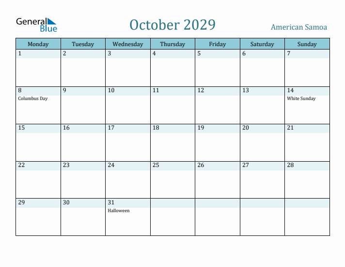 October 2029 Calendar with Holidays