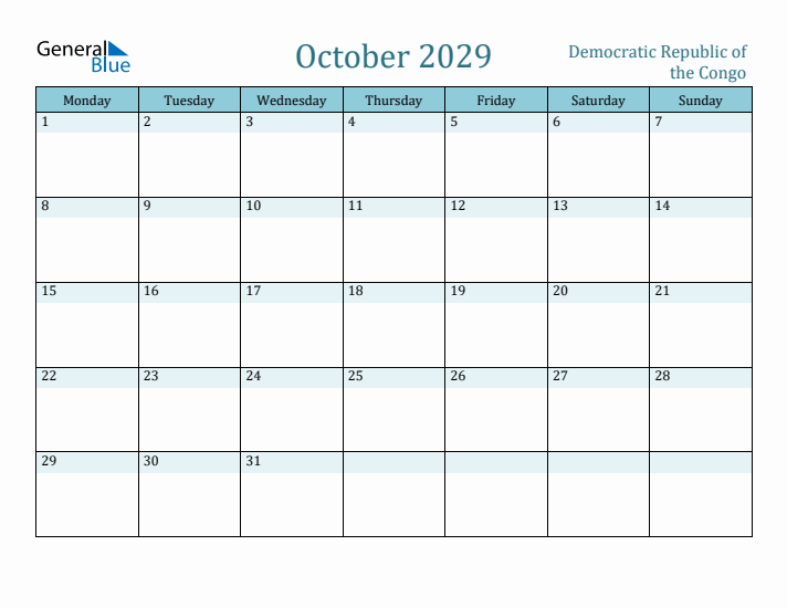 October 2029 Calendar with Holidays