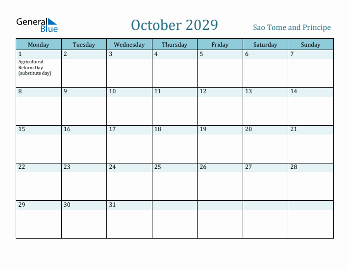 October 2029 Calendar with Holidays