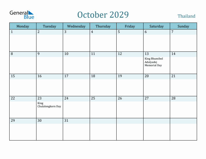 October 2029 Calendar with Holidays