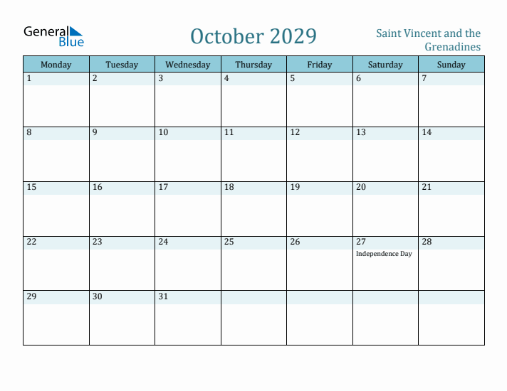 October 2029 Calendar with Holidays