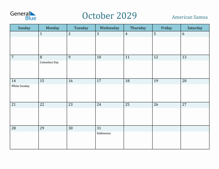 October 2029 Calendar with Holidays
