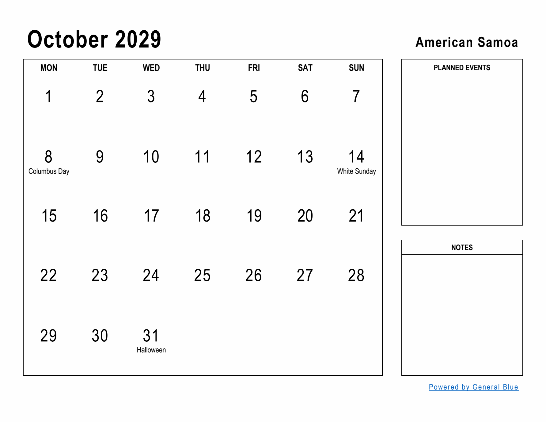 October 2029 Printable Monthly Calendar with American Samoa Holidays