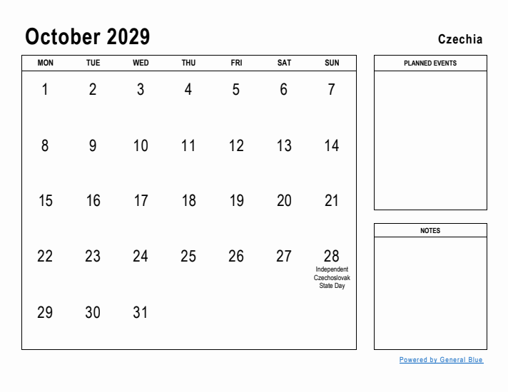 October 2029 Printable Monthly Calendar with Czechia Holidays