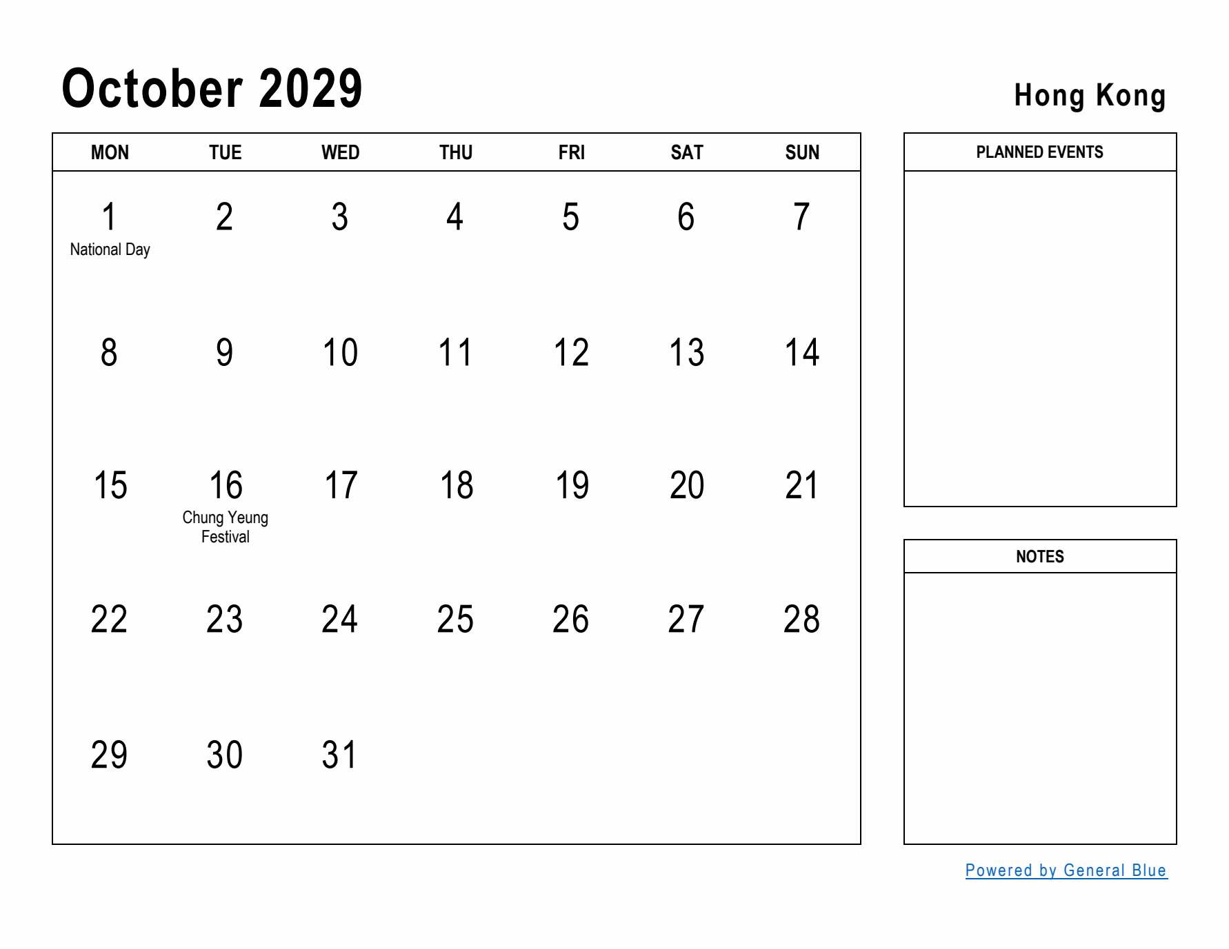 October 2029 Printable Monthly Calendar with Hong Kong Holidays