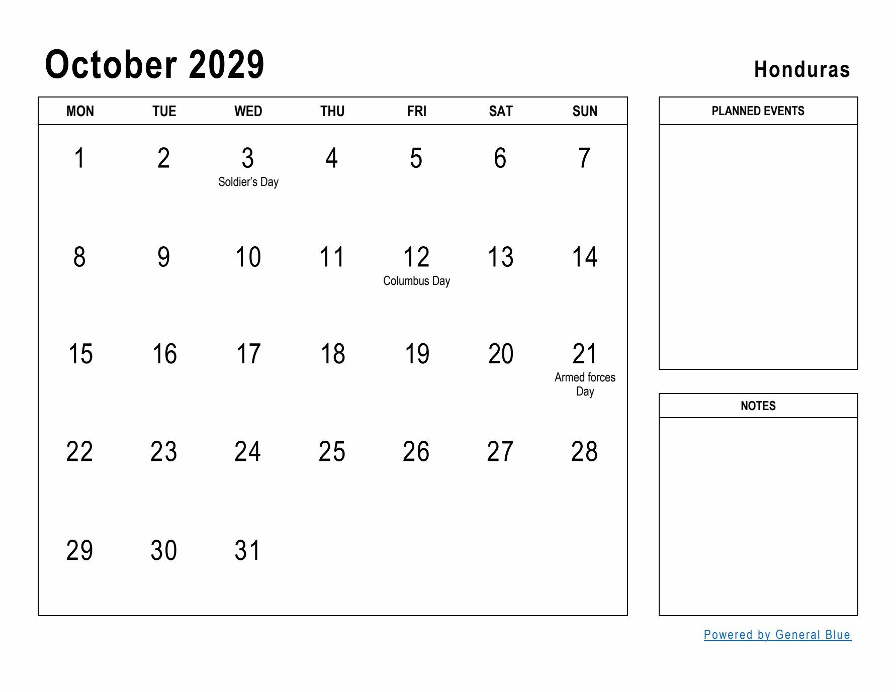 October 2029 Printable Monthly Calendar with Honduras Holidays