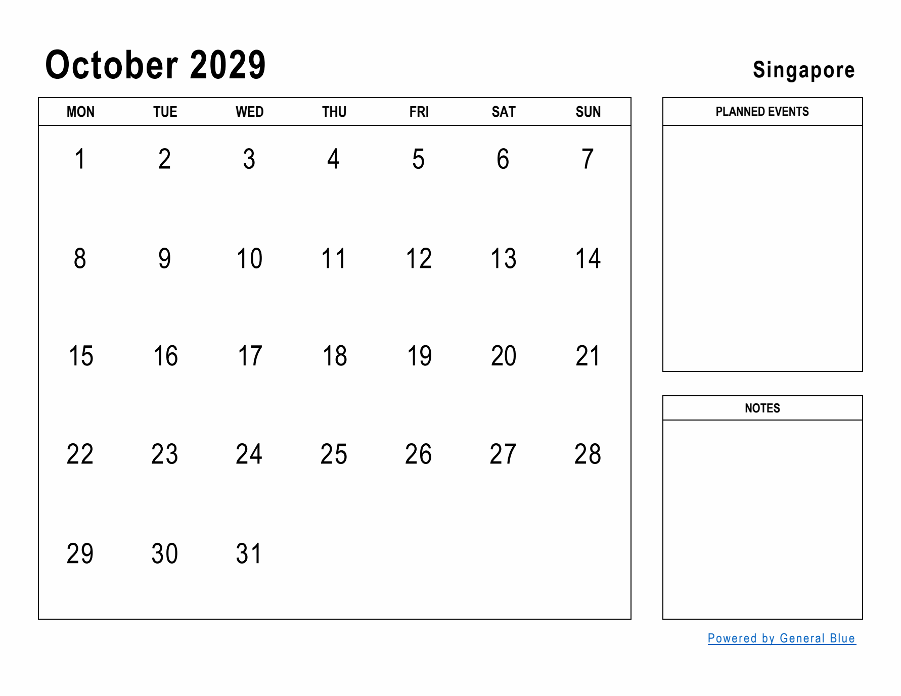 October 2029 Printable Monthly Calendar with Singapore Holidays
