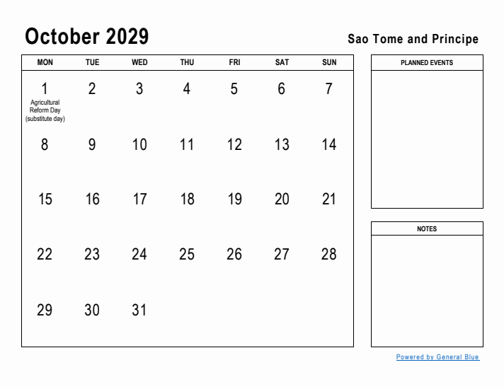 October 2029 Printable Monthly Calendar with Sao Tome and Principe Holidays