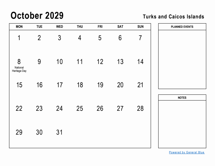 October 2029 Printable Monthly Calendar with Turks and Caicos Islands Holidays