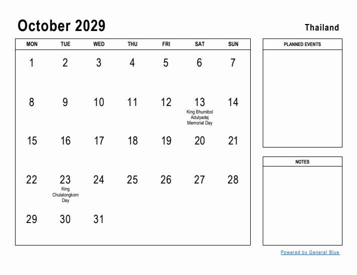 October 2029 Printable Monthly Calendar with Thailand Holidays