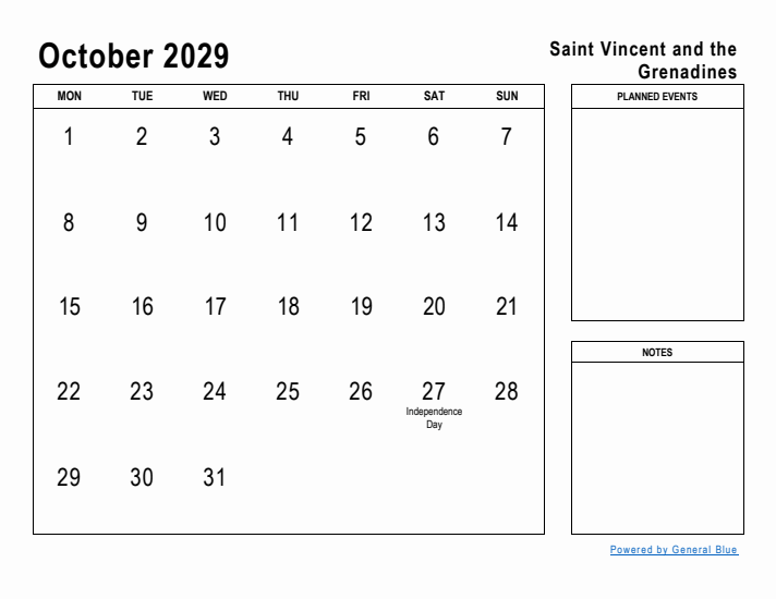 October 2029 Printable Monthly Calendar with Saint Vincent and the Grenadines Holidays