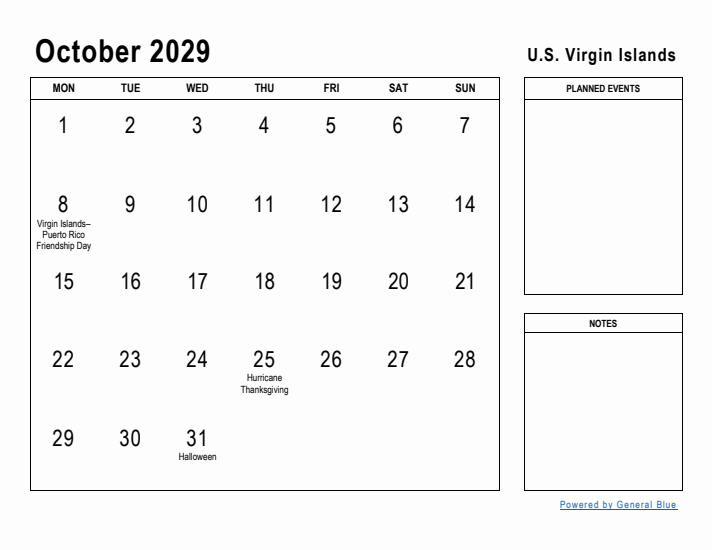 October 2029 Printable Monthly Calendar with U.S. Virgin Islands Holidays